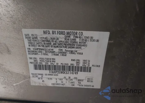 2012 Ford Taurus Sel z USA, uszkodzony, nr VIN 1FAHP2EW0CG114749